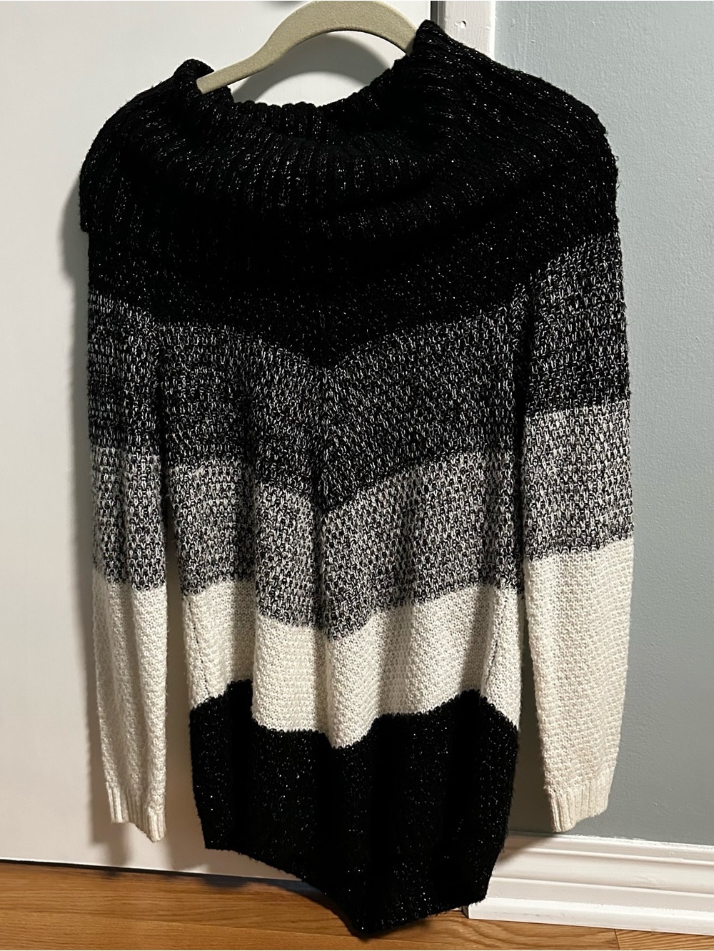 BCX Black, Gray & White Striped Funnel Neck Sweater